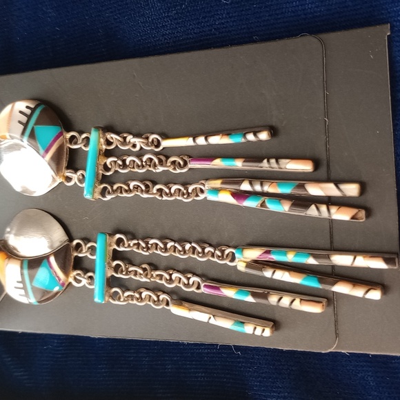 Native American Zuni Multi-stone Inlay Sterling Silver Dangle Stud Earrings - Picture 16 of 17